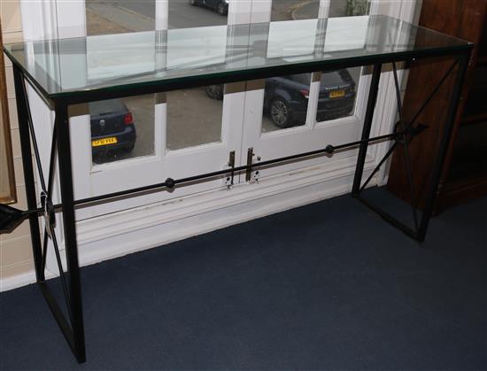 A pair of modern console tables with plate glass tops, 190cm wide